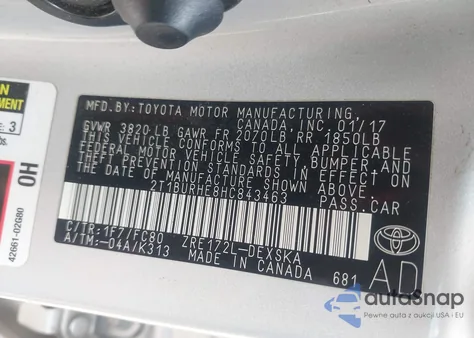 2017 Toyota Corolla Se z USA, uszkodzony, nr VIN 2T1BURHE8HC843463